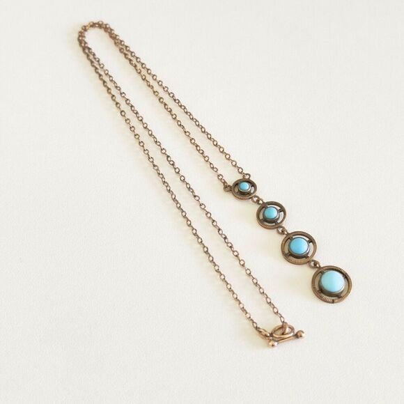Antique Yellow Gold Filled Blue Robin's Egg Enamel Graduated Drop Necklace 17" - Picture 4 of 13